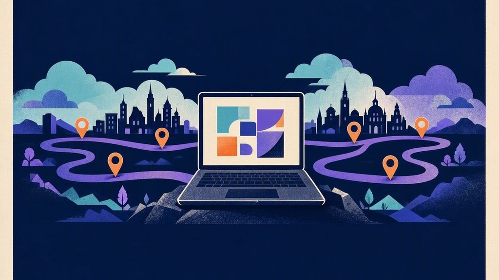 Illustration of a laptop and a winding route connecting city skylines