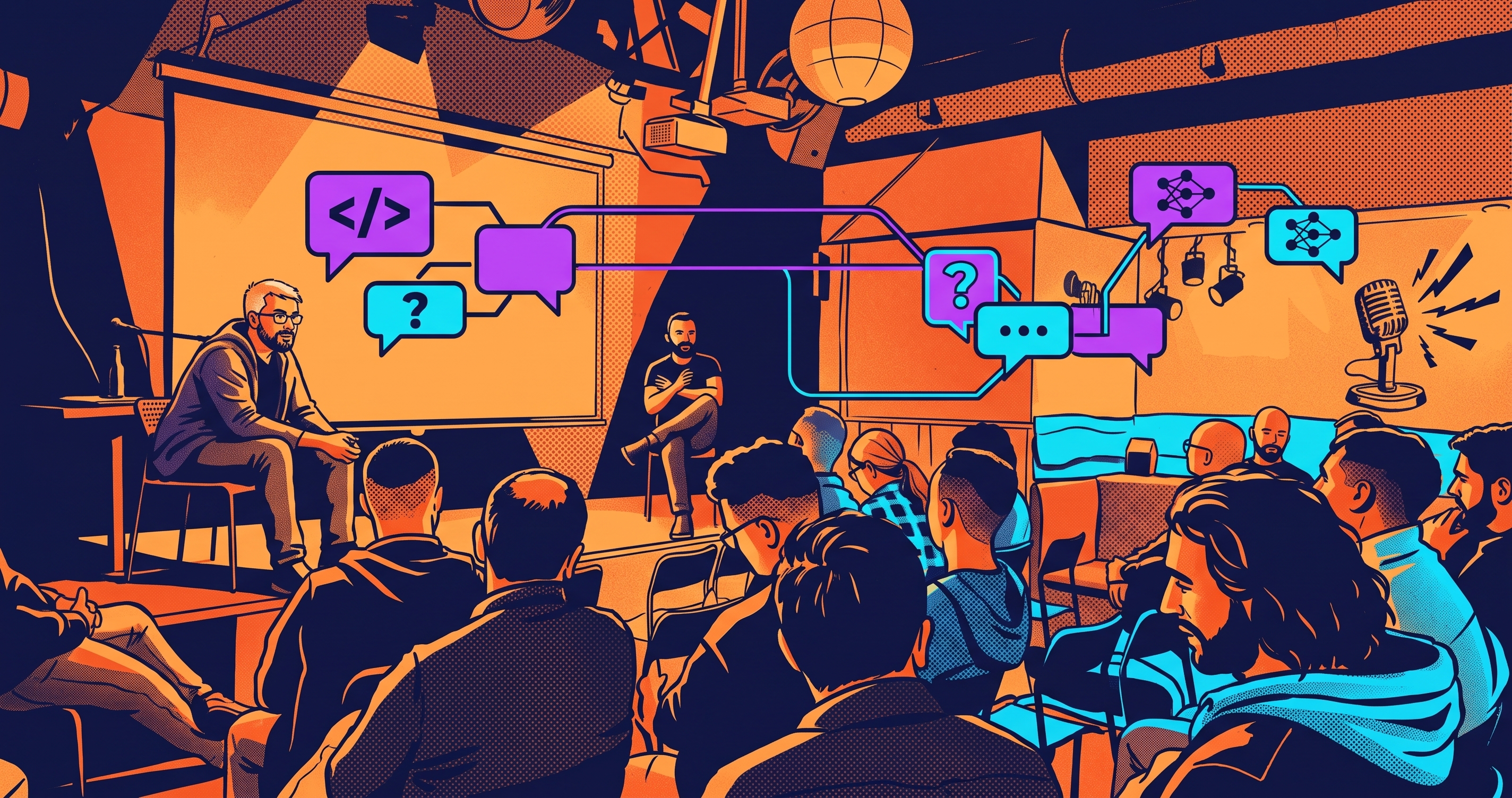 Illustrated Wroc.NET panel with hosts, participants and connected speech bubbles about code and AI