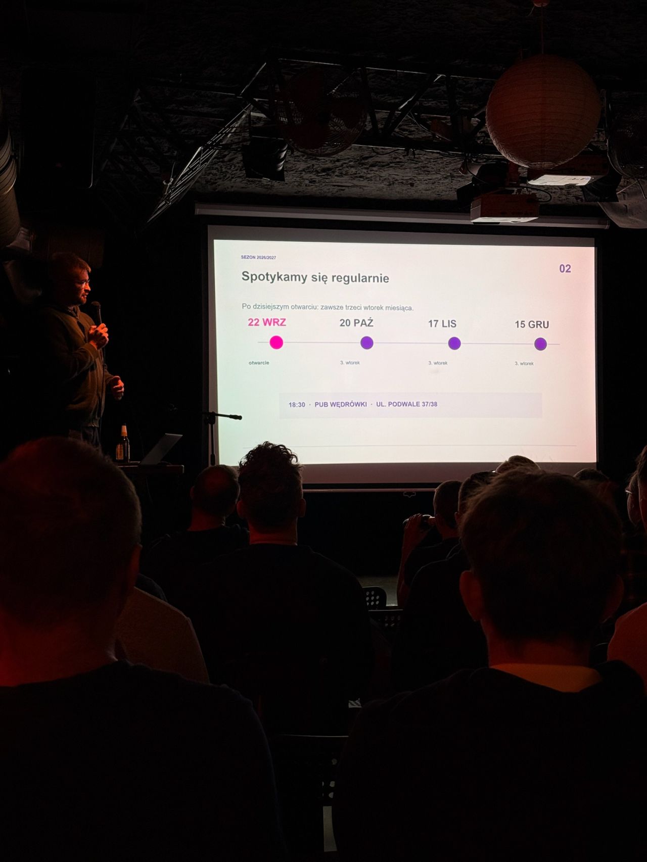 The Wroc.NET season opening, with upcoming meeting dates projected in front of the audience
